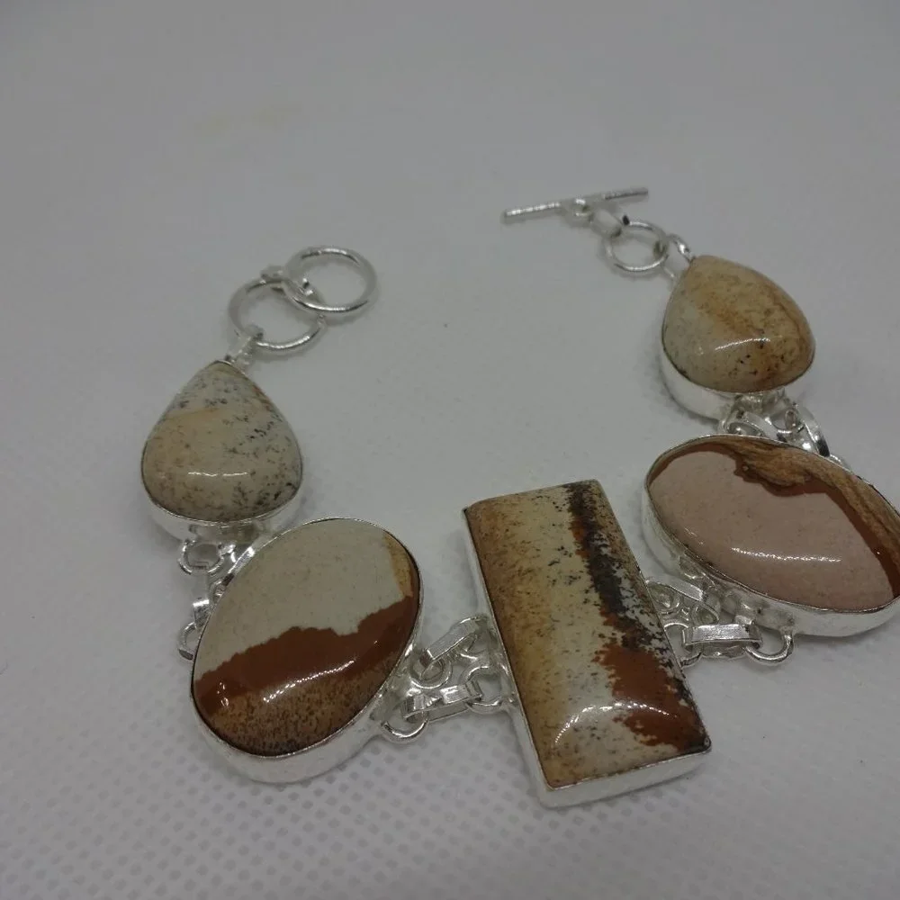 Natural "PICTUREJASPER" Handmade Sterling Bracelet 7" #622 - Picture 3 of 3